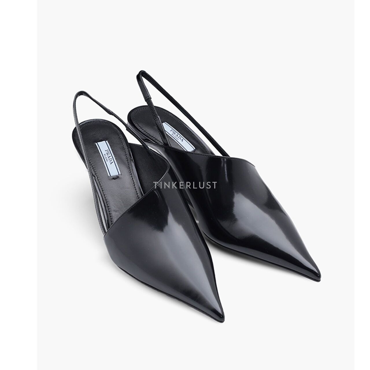 Prada Women Asymmetrical Slingback Pumps 65mm in Black Brushed Leather Wedges