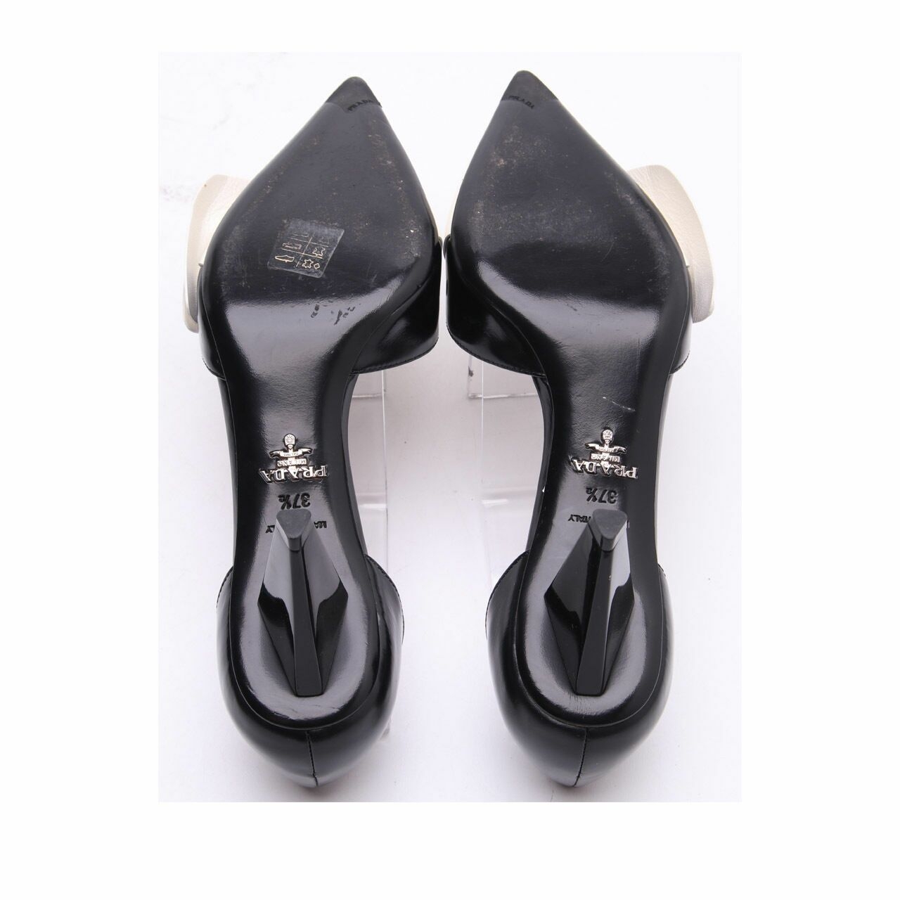 Prada Black Leather and White Patent Bow Detail Pointed Toe Heels