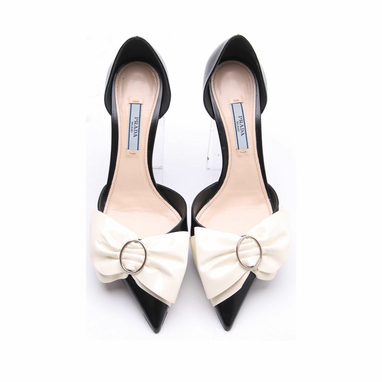 Prada Black Leather and White Patent Bow Detail Pointed Toe Heels