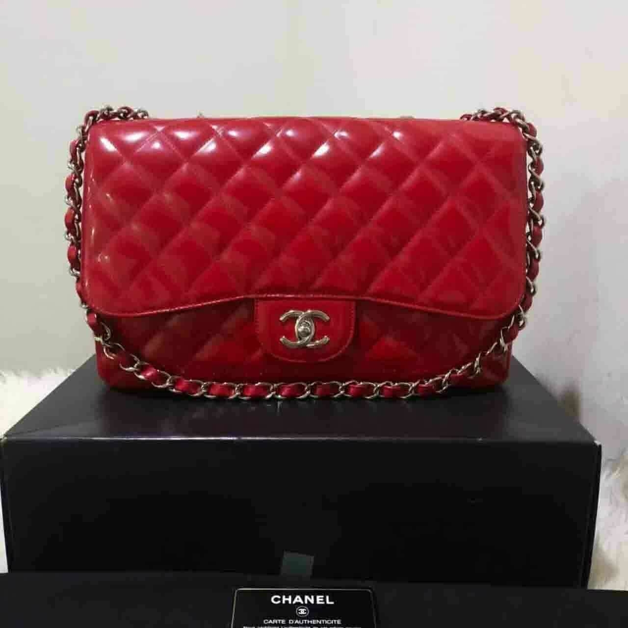 Chanel Jumbo Red Patent Leather SHW #13 Shoulder Bag