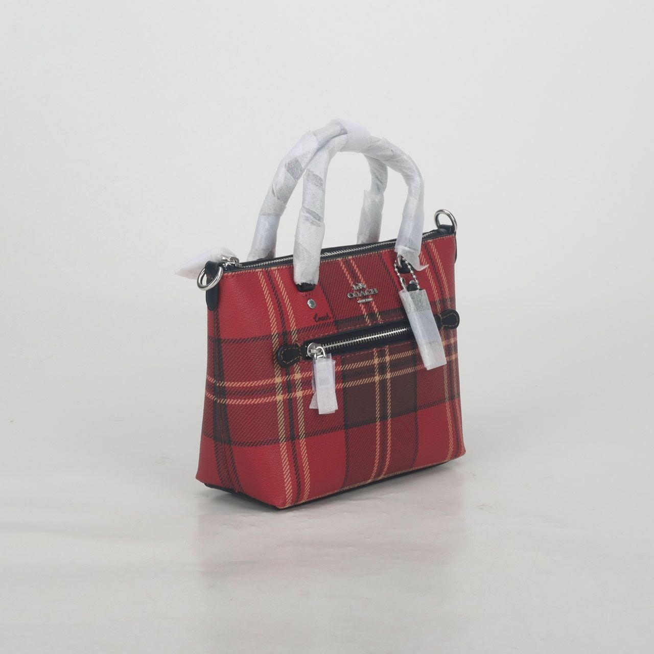 Coach CC796 Mini Gallery Crossbody With Tartan Plaid Print Red Black Multi