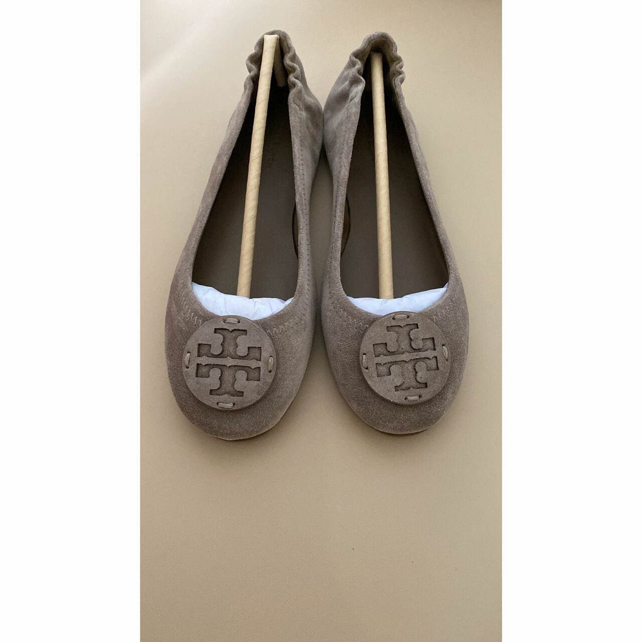 Tory Burch Minnie Travel Ballet with Leather Logo Suede Rocky Pebble Flats	