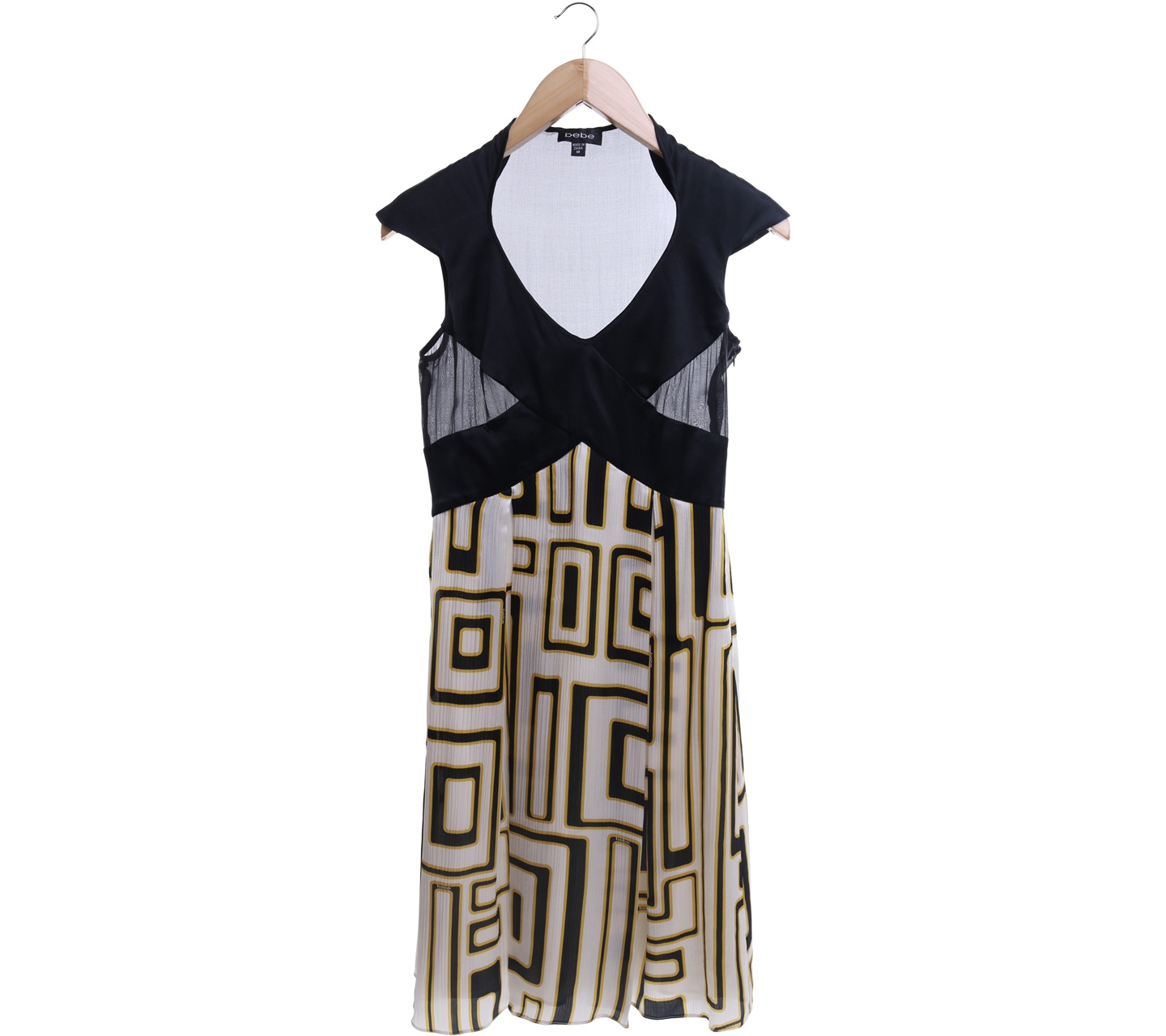 Bebe Black And Yellow Patterned Midi Dress