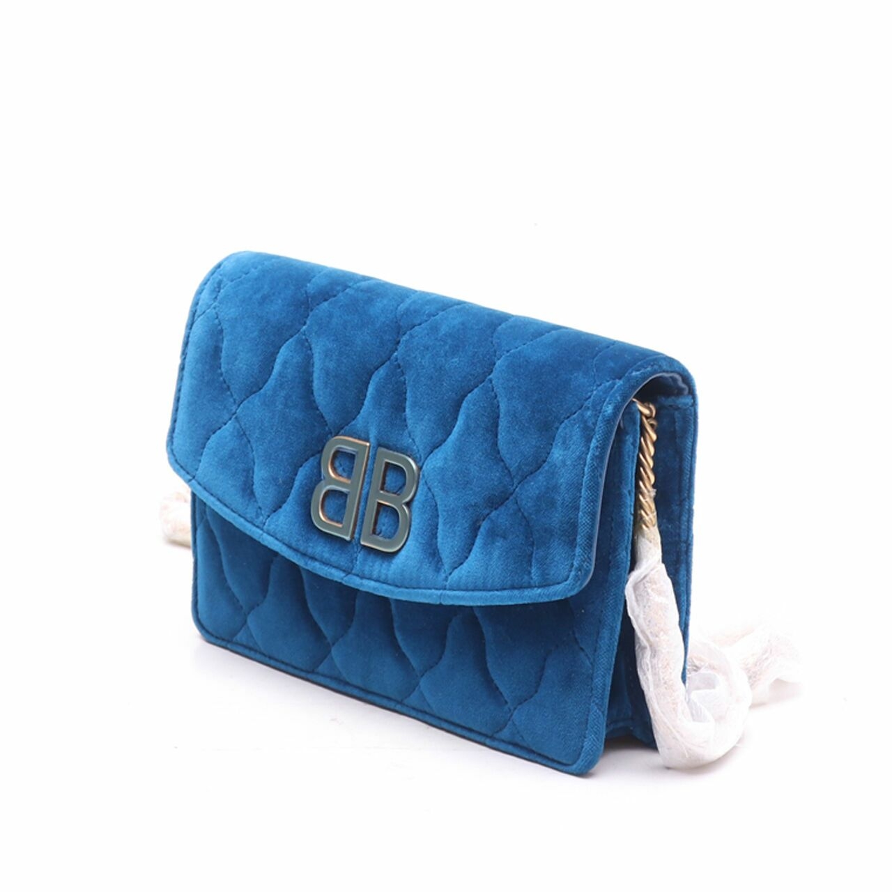 Balenciaga 'BB' Quilted Velvet Chain Blue Shoulder Bag