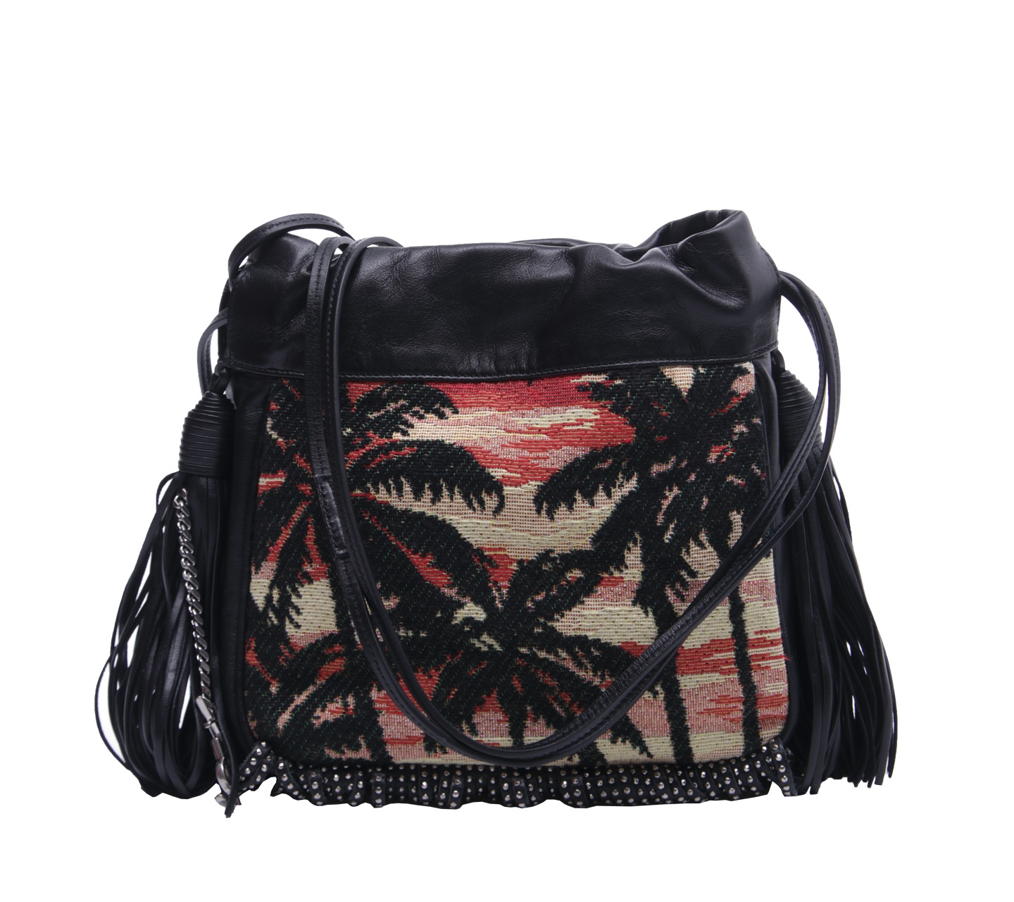 Yves Saint Laurent Black Leather Palm Tree Textile Helena Fringe Bucket Sling Bag