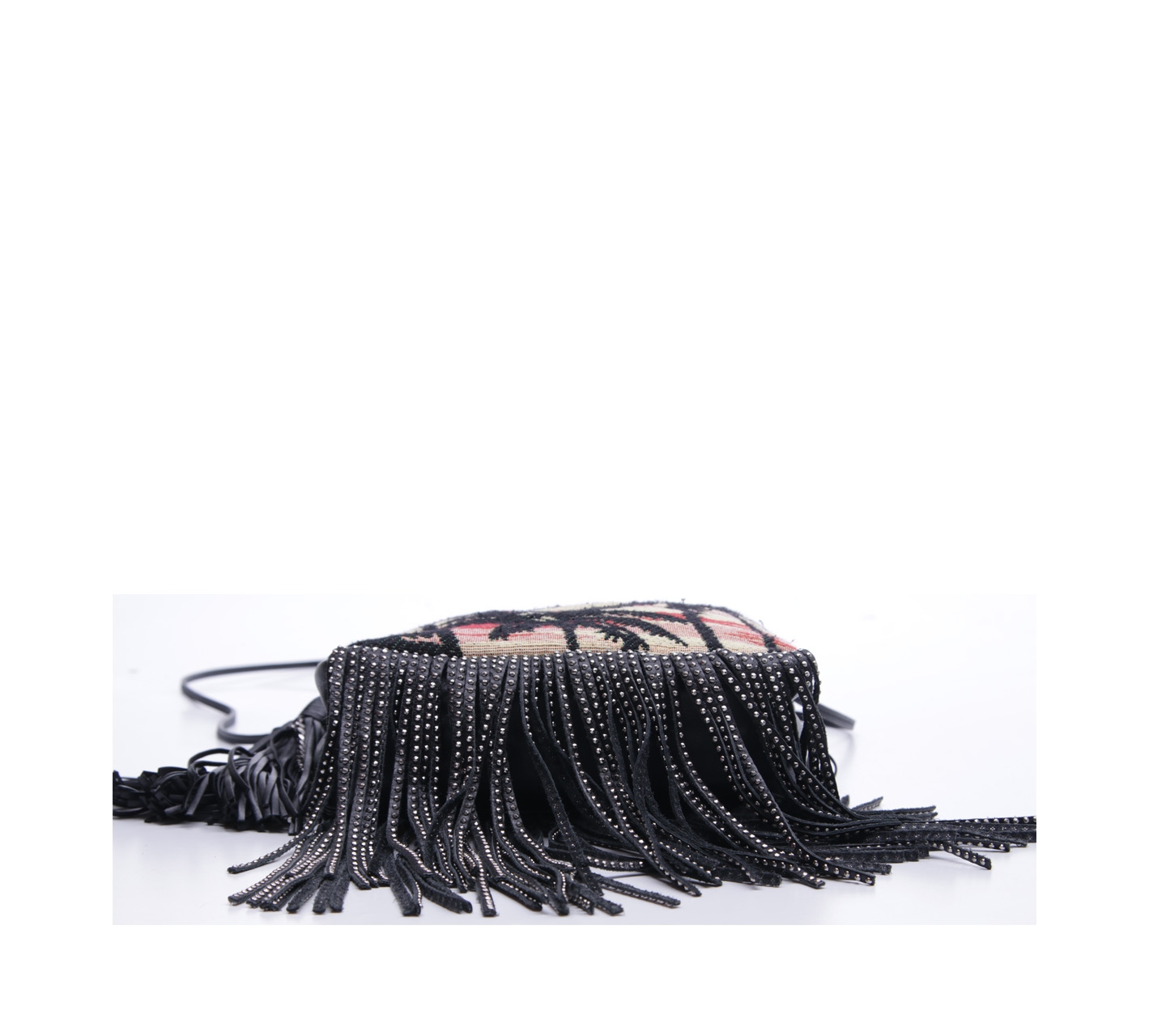 Yves Saint Laurent Black Leather Palm Tree Textile Helena Fringe Bucket Sling Bag