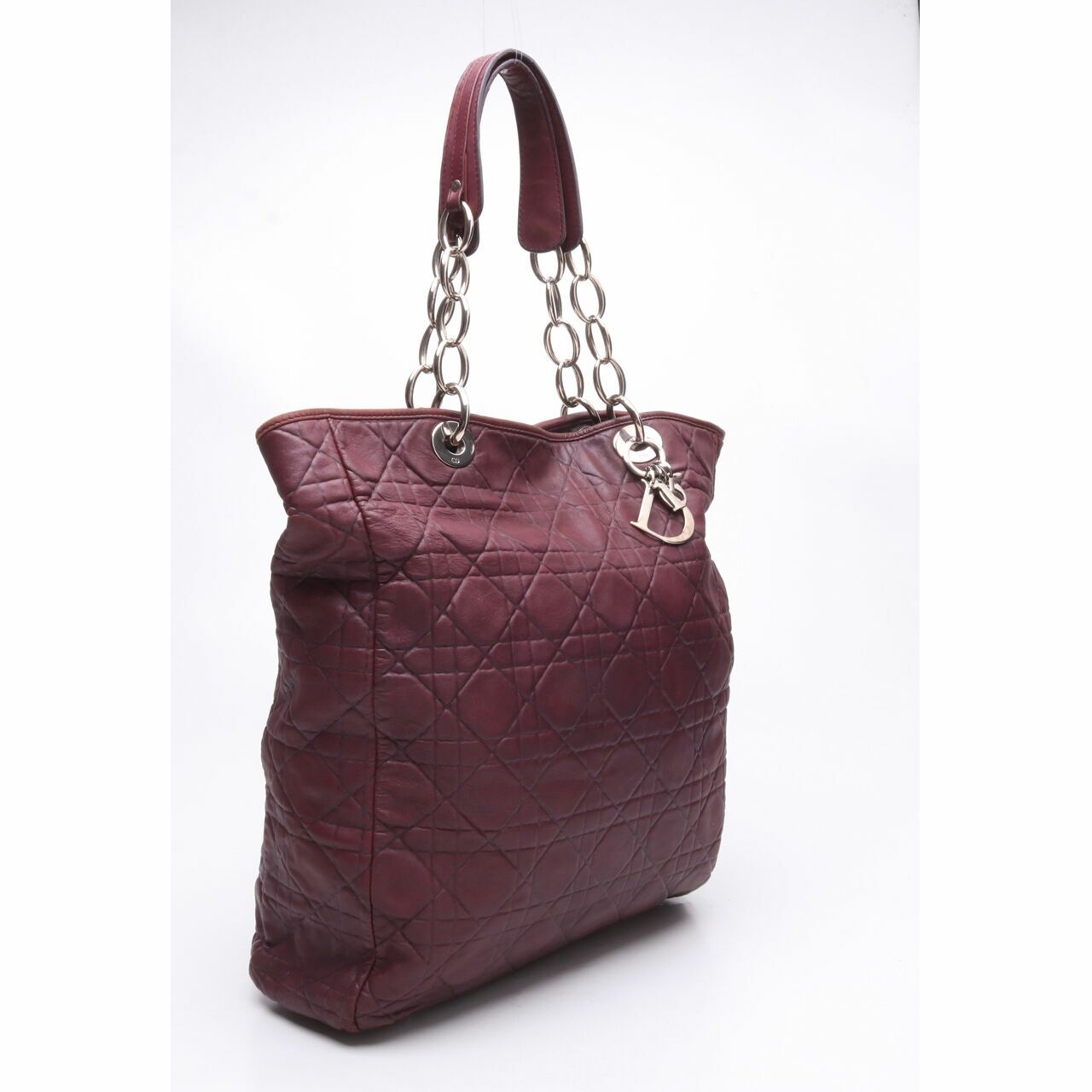 CHRISTIAN DIOR Lambskin Cannage Soft Shopper Tote Burgundy