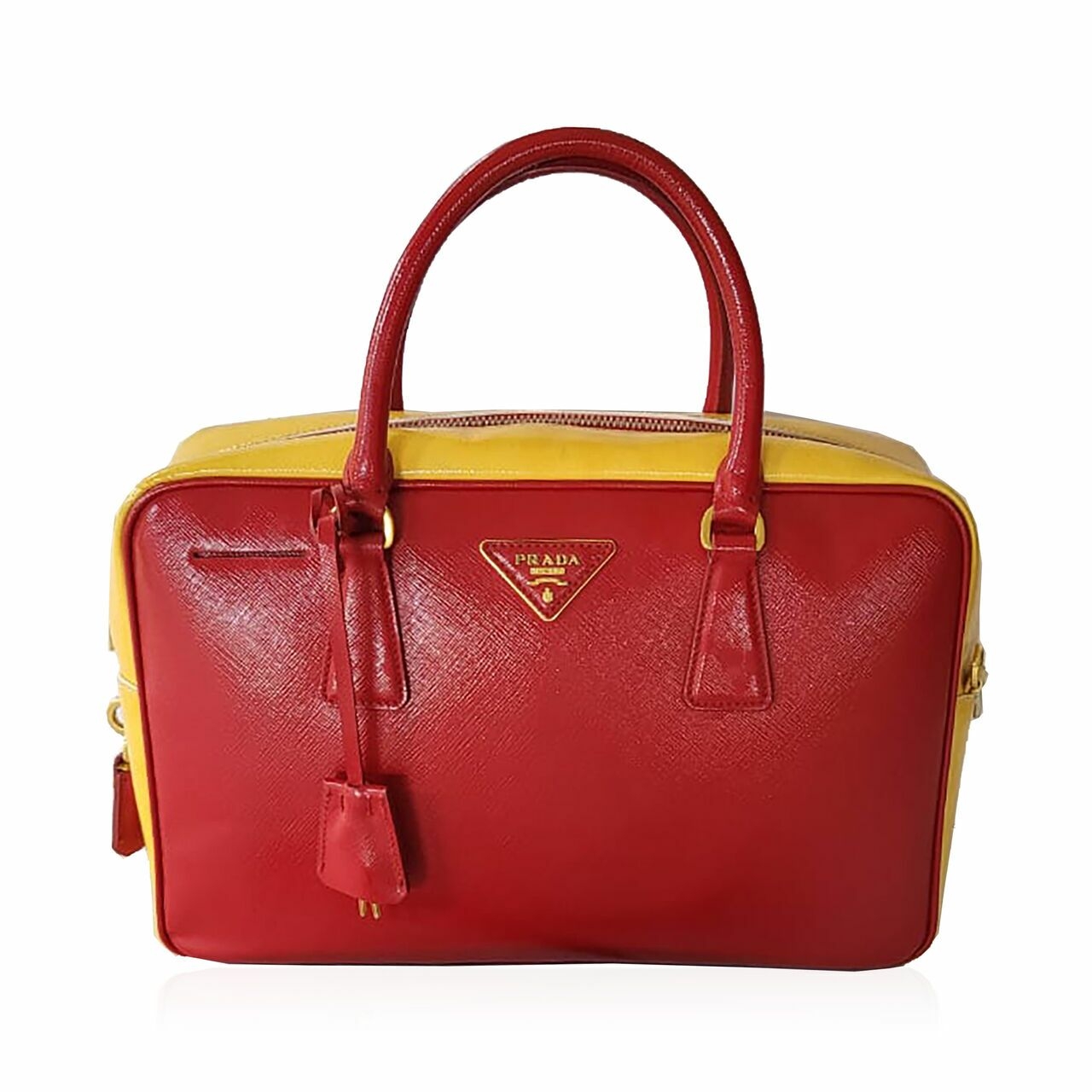 Prada Saffiano Top Handle Vernice Red Yellow Satchel