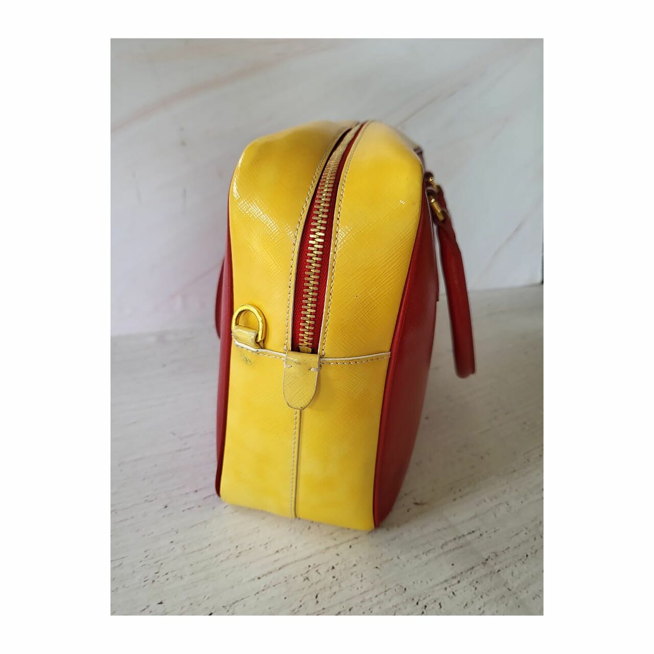 Prada Saffiano Top Handle Vernice Red Yellow Satchel