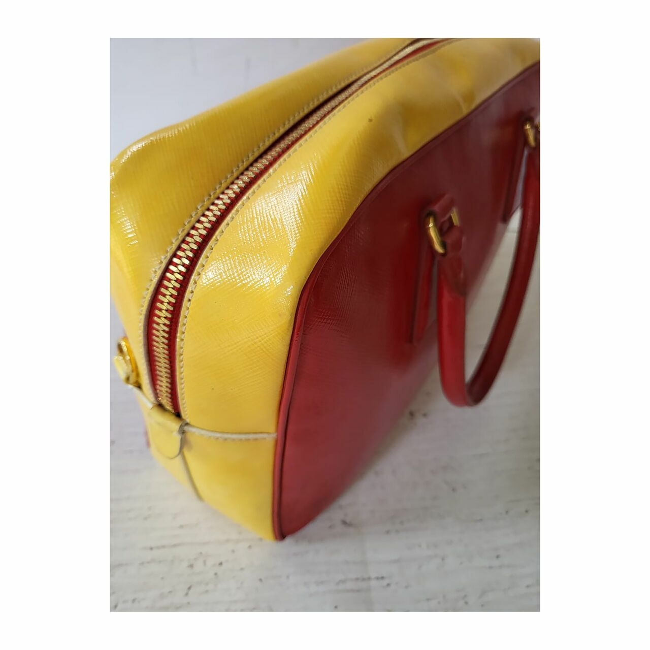 Prada Saffiano Top Handle Vernice Red Yellow Satchel