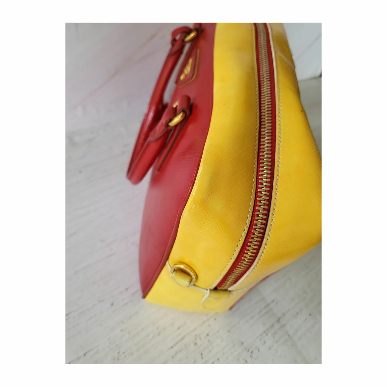 Prada Saffiano Top Handle Vernice Red Yellow Satchel