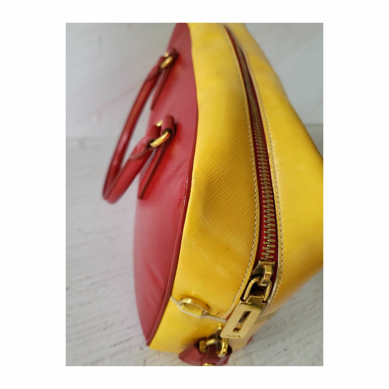 Prada Saffiano Top Handle Vernice Red Yellow Satchel