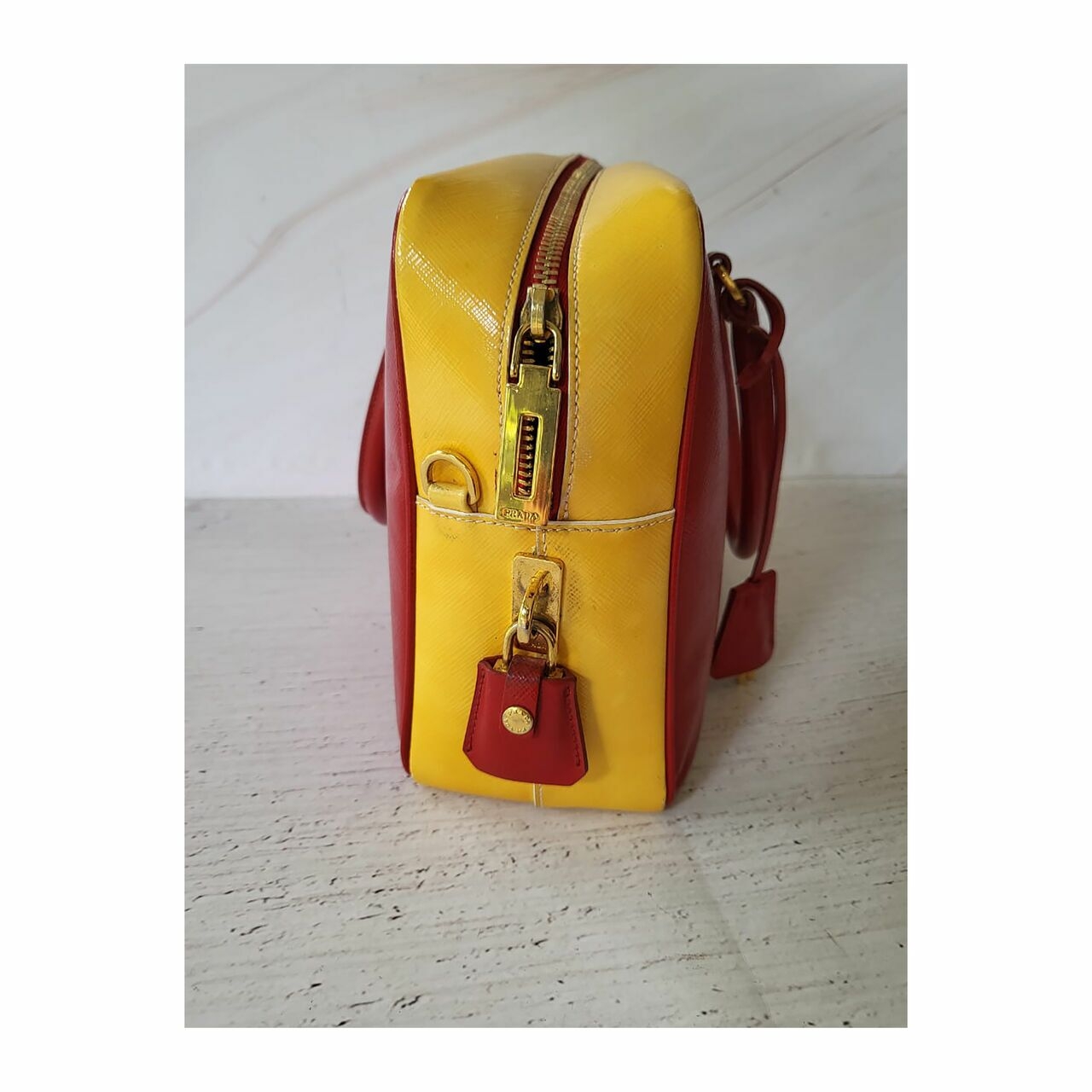 Prada Saffiano Top Handle Vernice Red Yellow Satchel