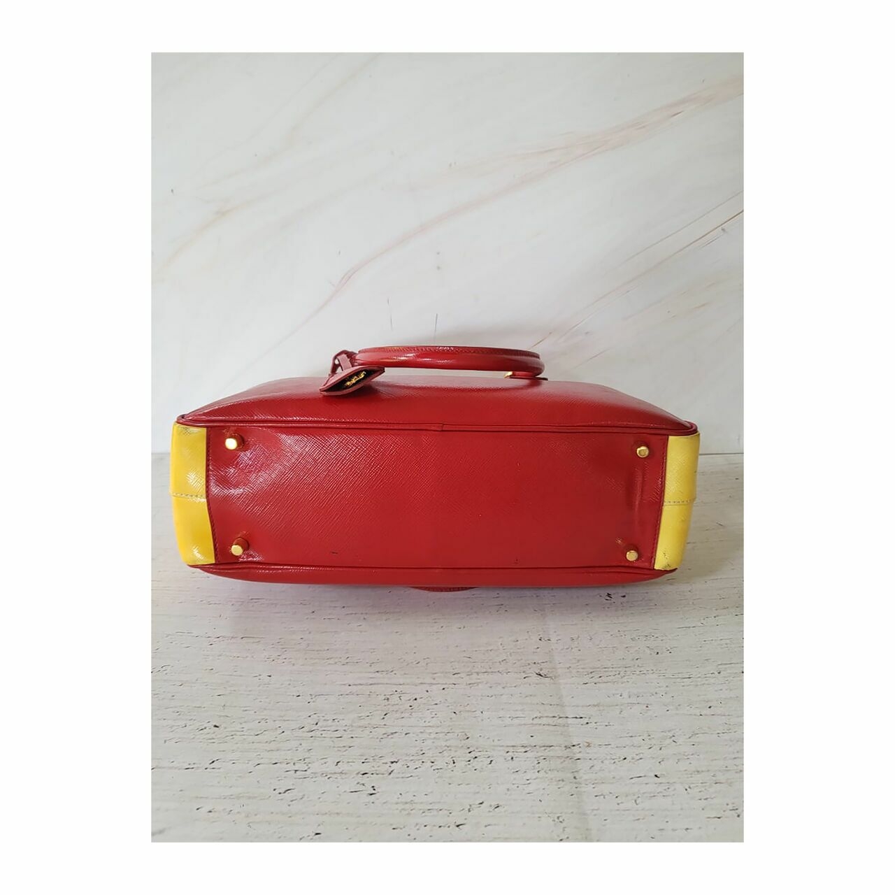 Prada Saffiano Top Handle Vernice Red Yellow Satchel