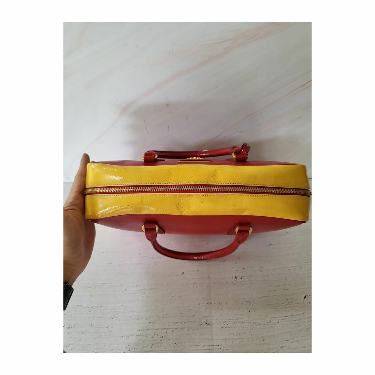 Prada Saffiano Top Handle Vernice Red Yellow Satchel