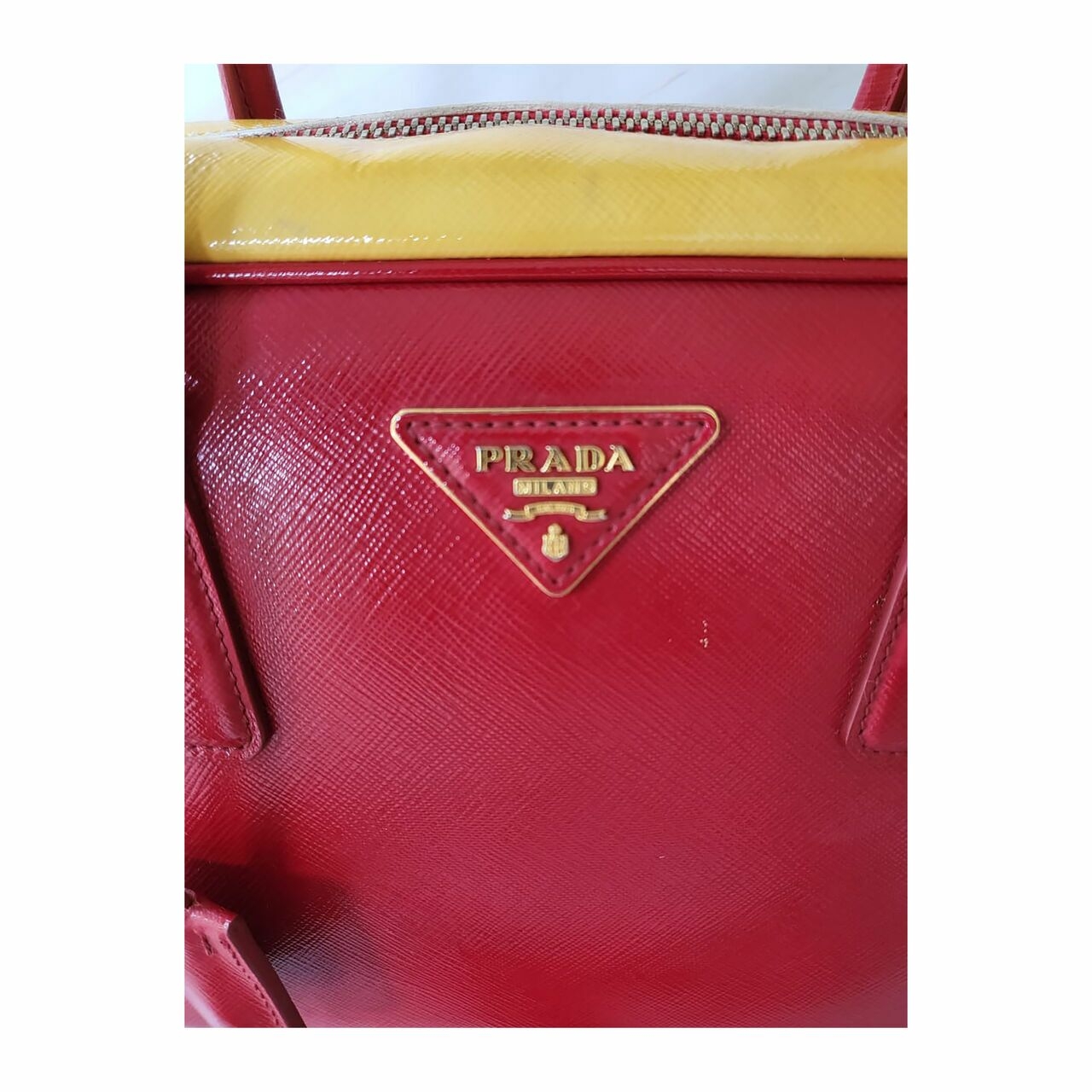 Prada Saffiano Top Handle Vernice Red Yellow Satchel