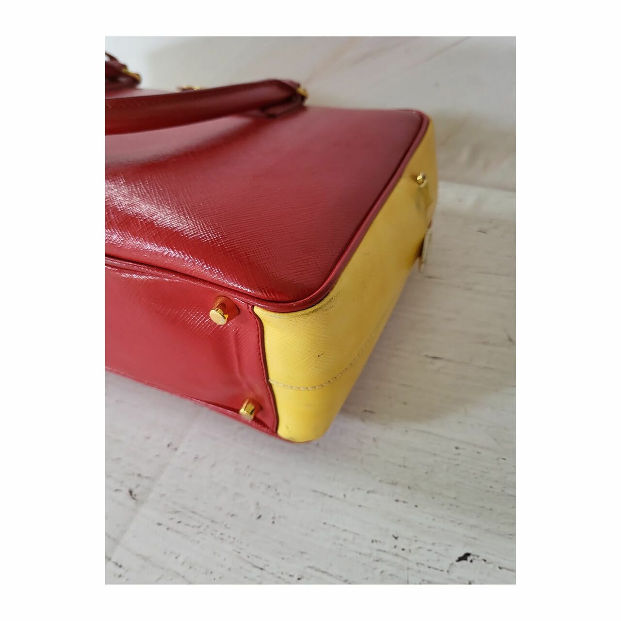 Prada Saffiano Top Handle Vernice Red Yellow Satchel