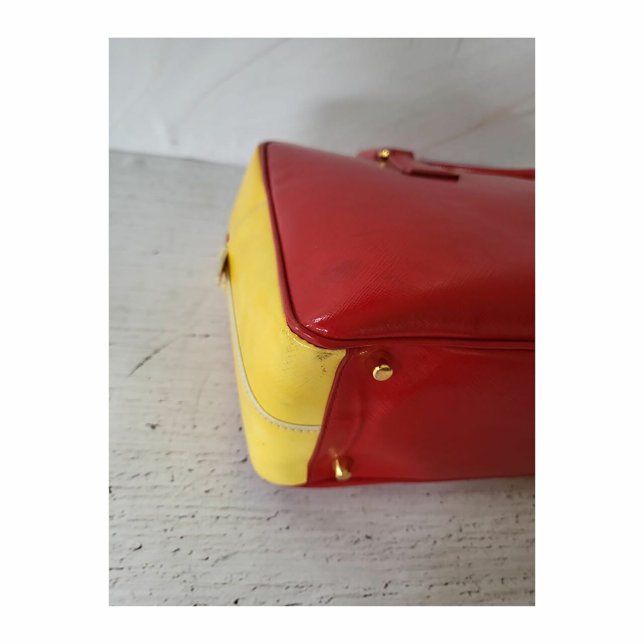 Prada Saffiano Top Handle Vernice Red Yellow Satchel