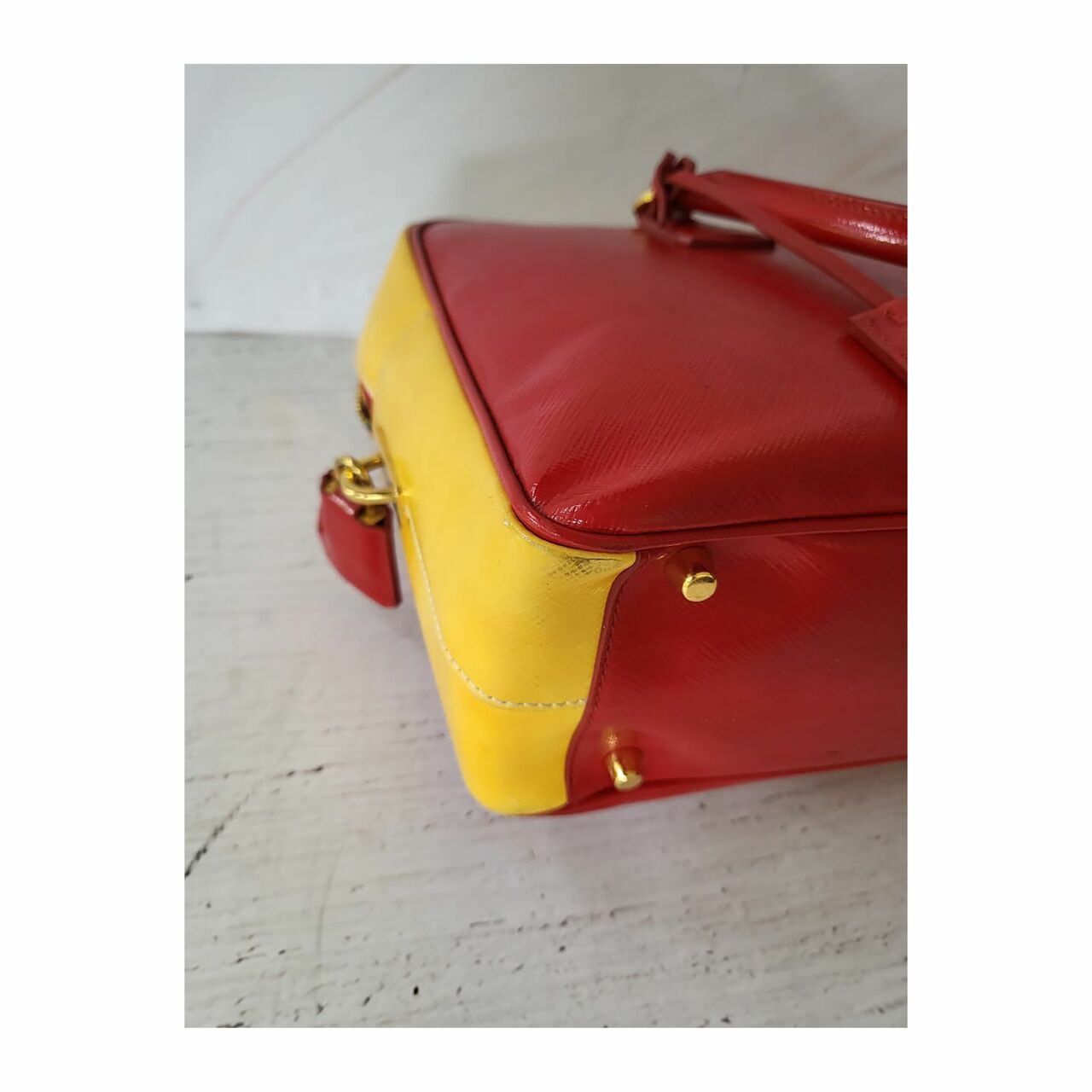 Prada Saffiano Top Handle Vernice Red Yellow Satchel