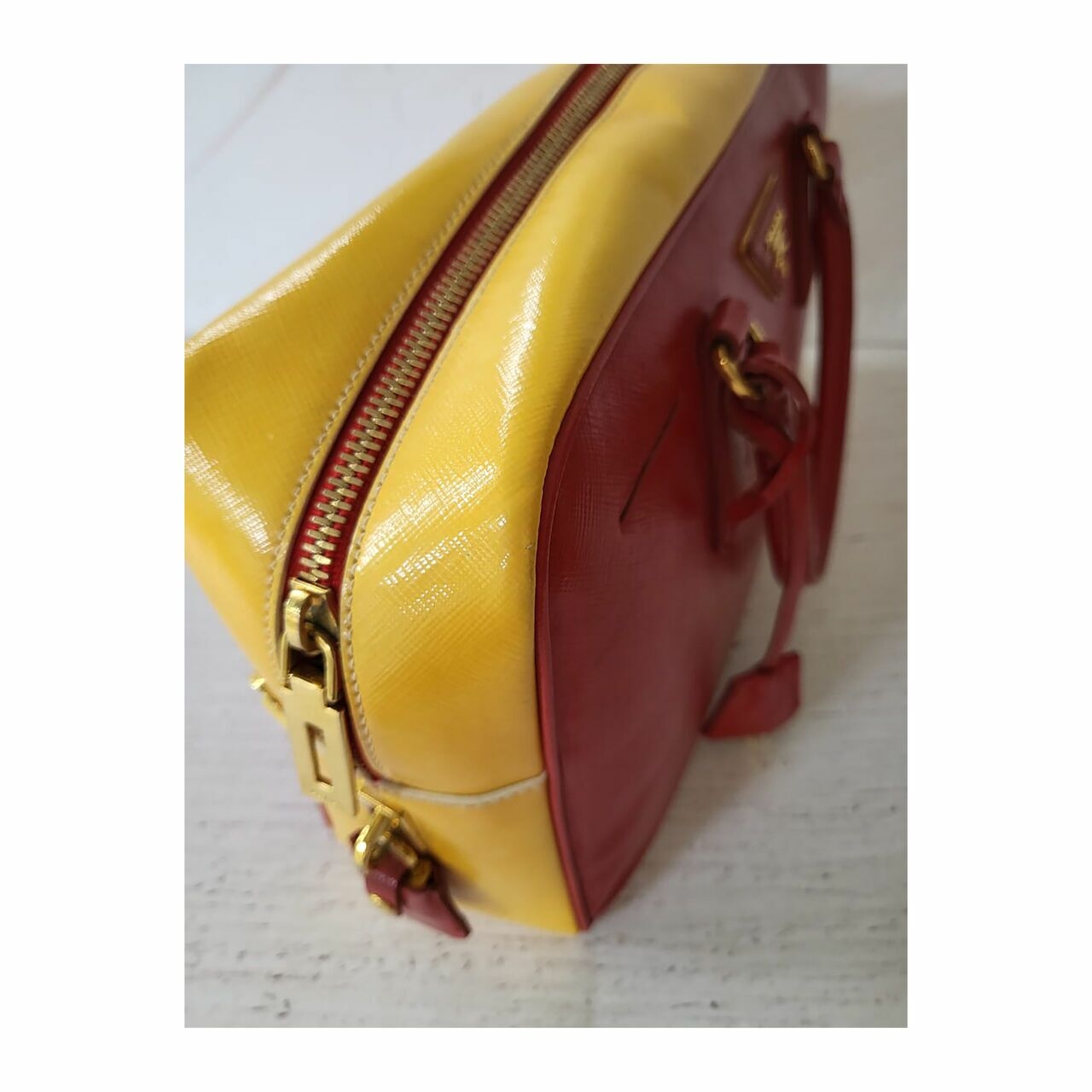 Prada Saffiano Top Handle Vernice Red Yellow Satchel