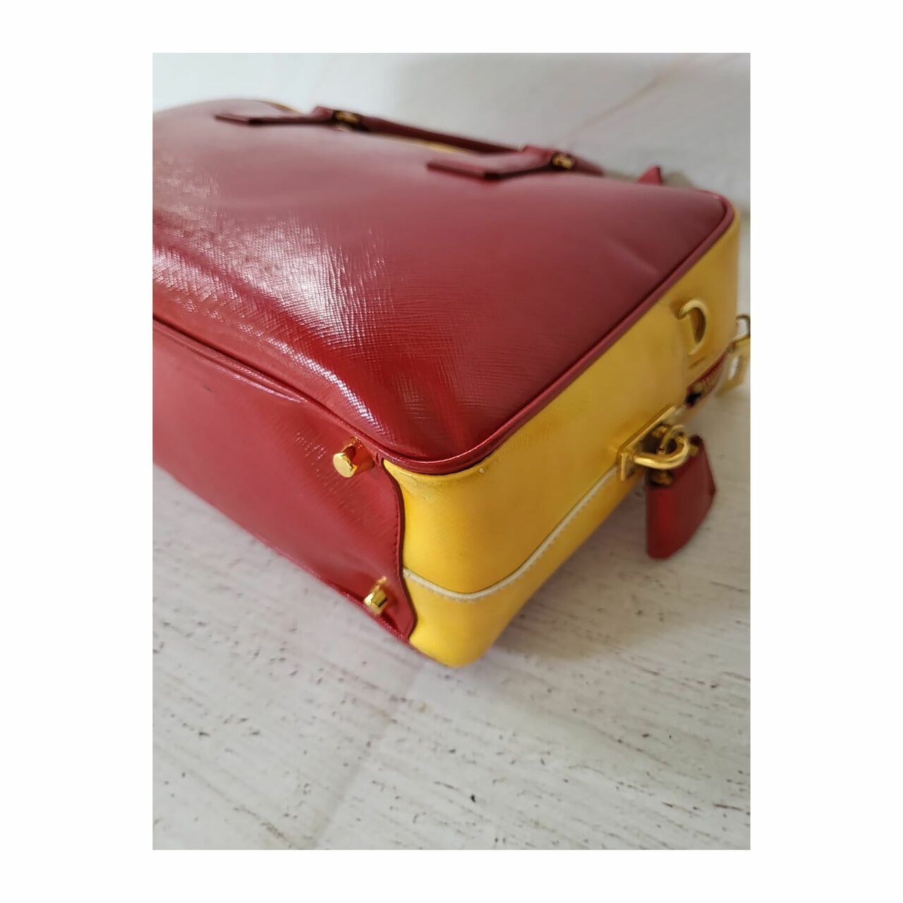 Prada Saffiano Top Handle Vernice Red Yellow Satchel