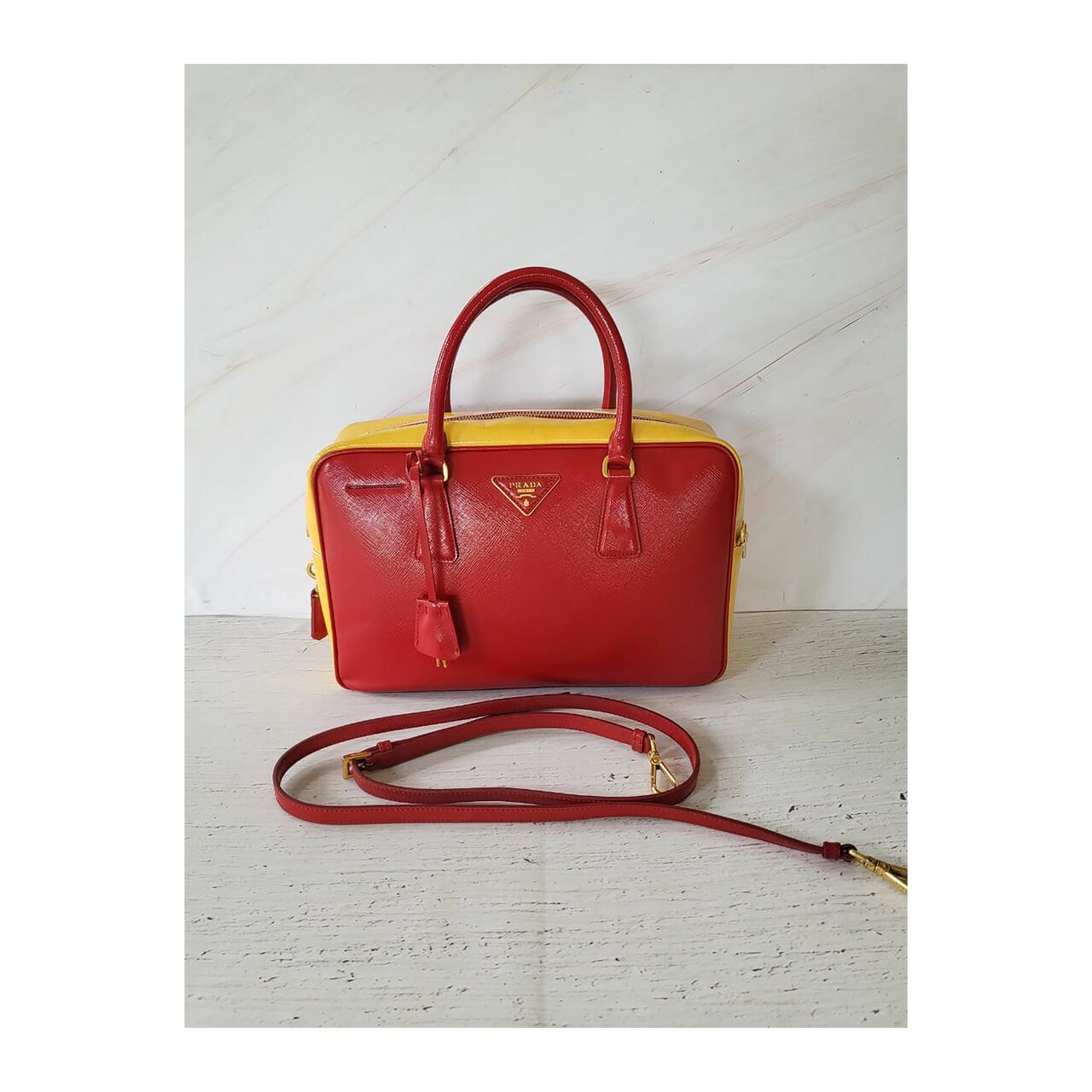 Prada Saffiano Top Handle Vernice Red Yellow Satchel