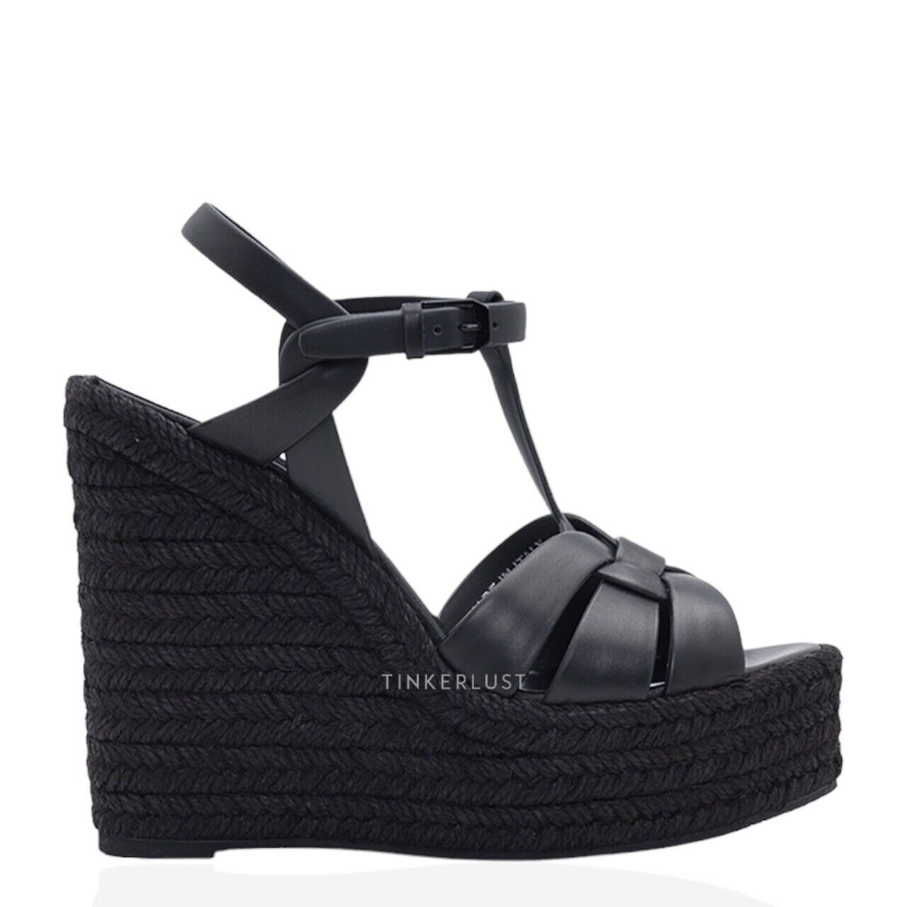 Saint Laurent Espadrille 12cm T-Strap Sandals in Black Calf Wedges