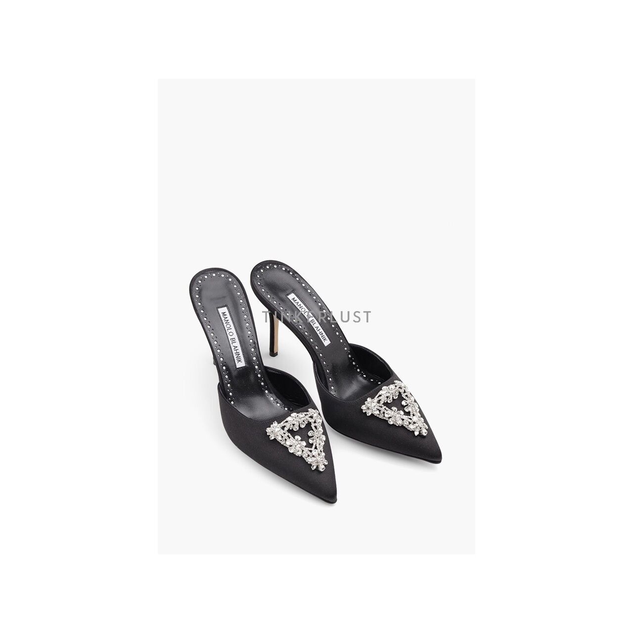 Manolo Blahnik Namutri Triangular Embellished Black Satin & White Crystal Heels