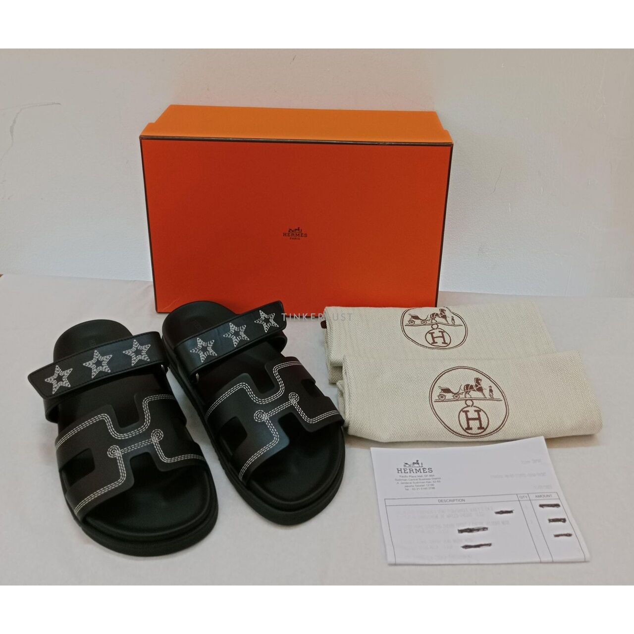 HERMES Chypre Brode Noir/ Black Calf Leather Slide Sandals