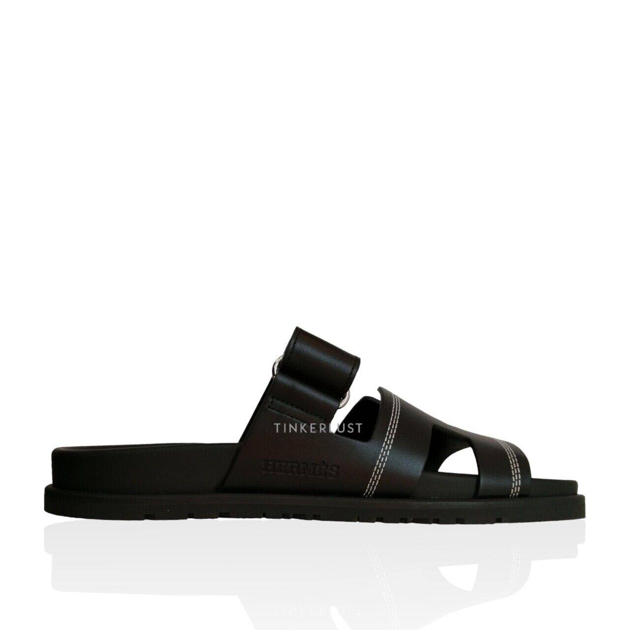 HERMES Chypre Brode Noir/ Black Calf Leather Slide Sandals