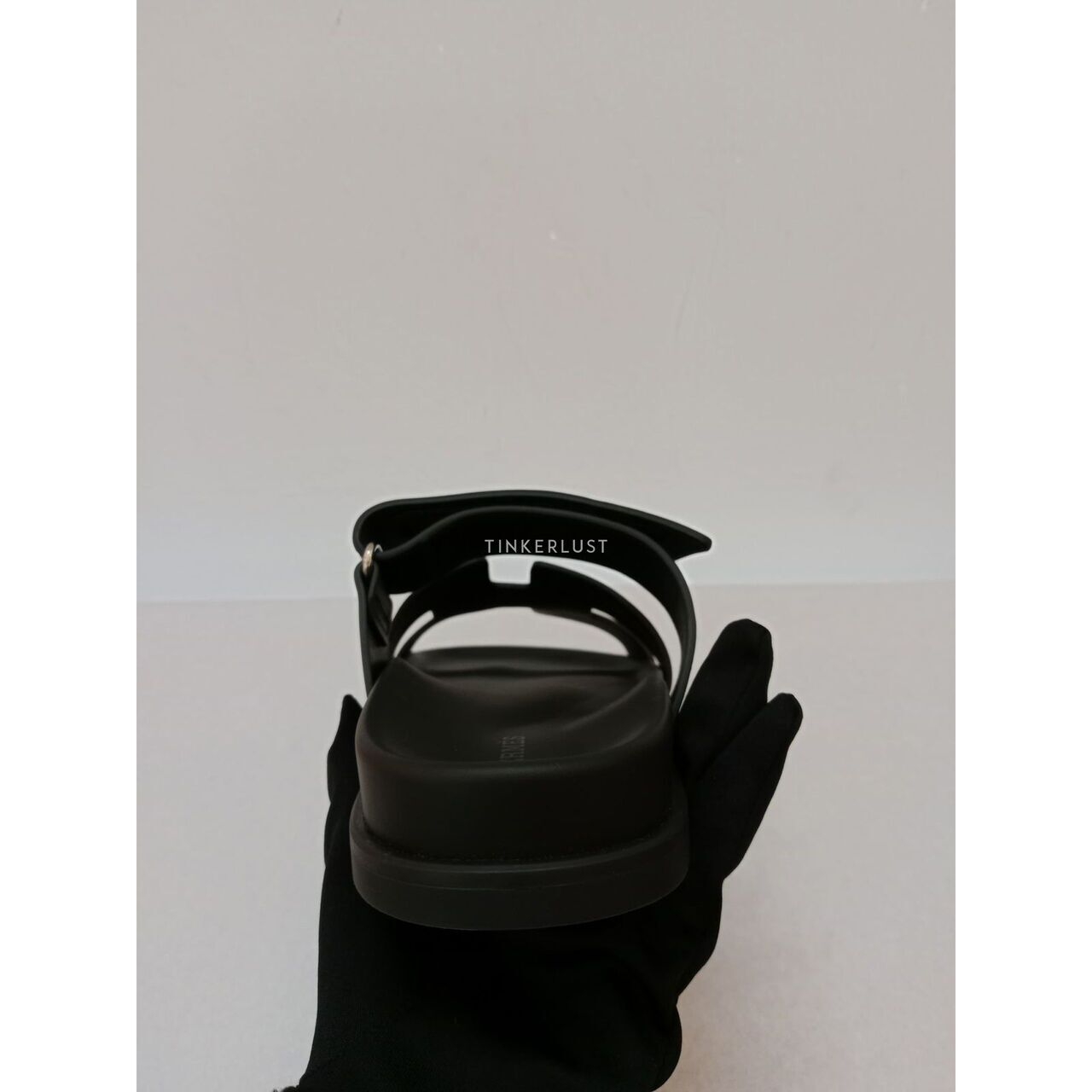 HERMES Chypre Brode Noir/ Black Calf Leather Slide Sandals