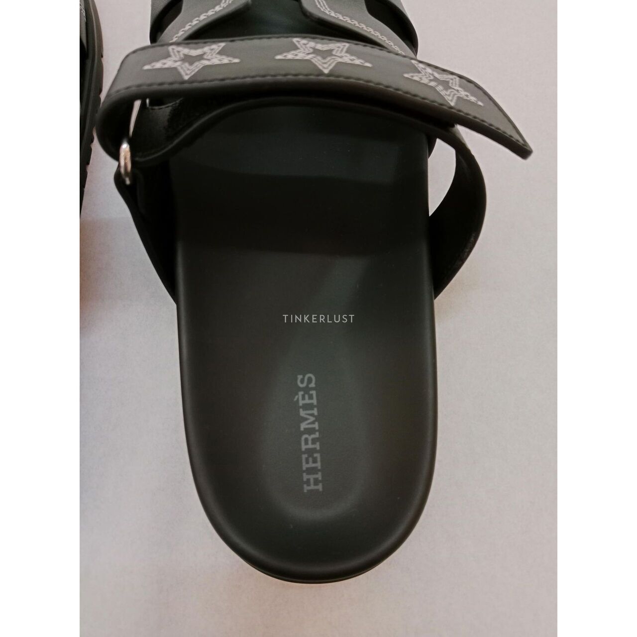 HERMES Chypre Brode Noir/ Black Calf Leather Slide Sandals