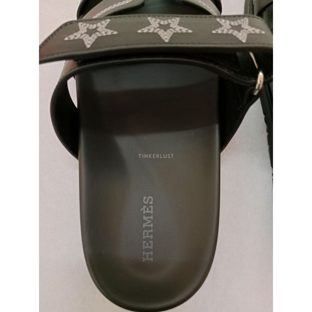 HERMES Chypre Brode Noir/ Black Calf Leather Slide Sandals