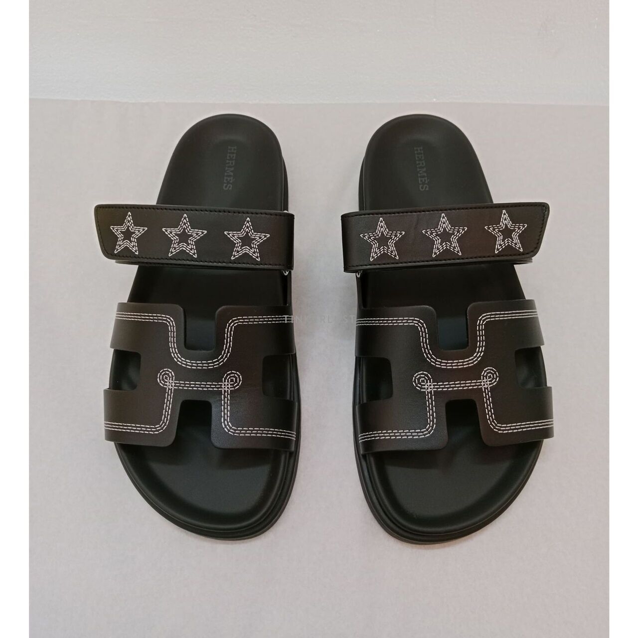 HERMES Chypre Brode Noir/ Black Calf Leather Slide Sandals