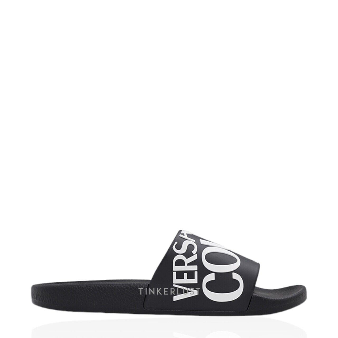 Versace x Jenas Couture Women Diagonal Logo Rubber Slides in Black Sandals