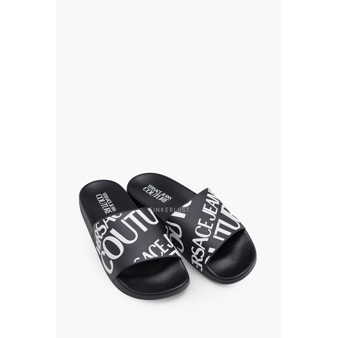 Versace x Jenas Couture Women Diagonal Logo Rubber Slides in Black Sandals