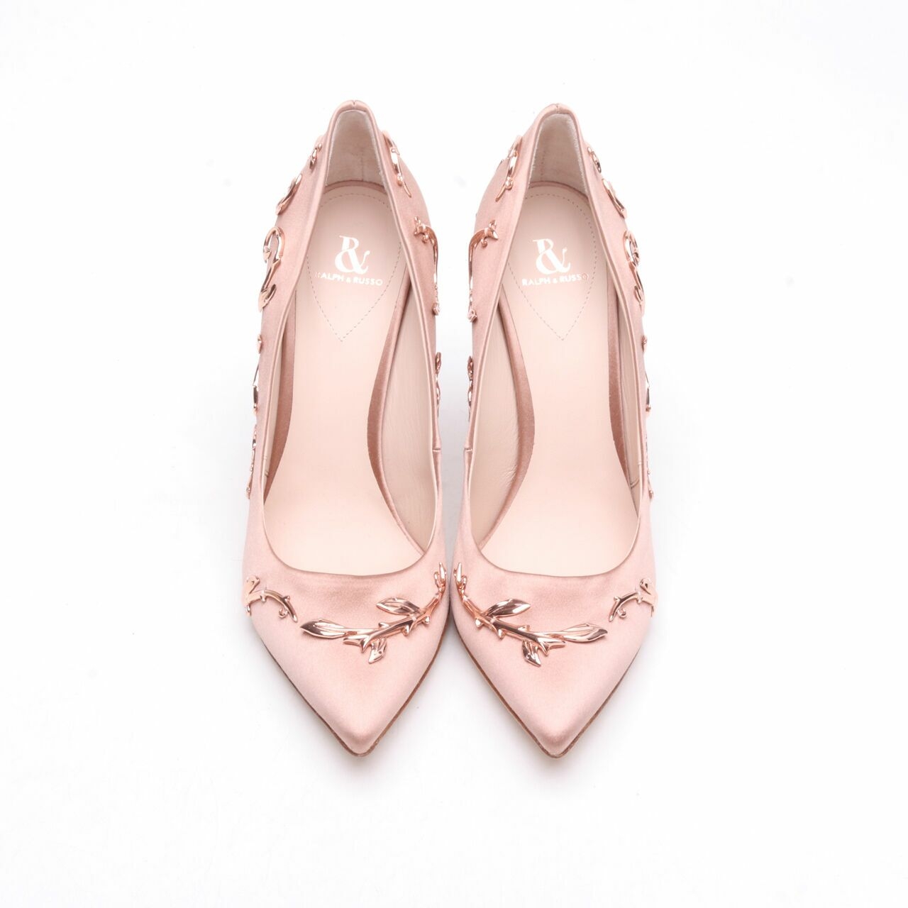 Ralph & Russo Vintage Pink Satin Eden Pumps With Rose Gold Leaves Heels