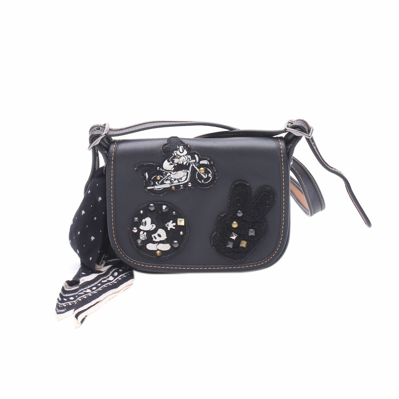 Coach Patricia Saddle  18 IN Glove Calf Leather With  Mickey Patches  Black Sling Bag