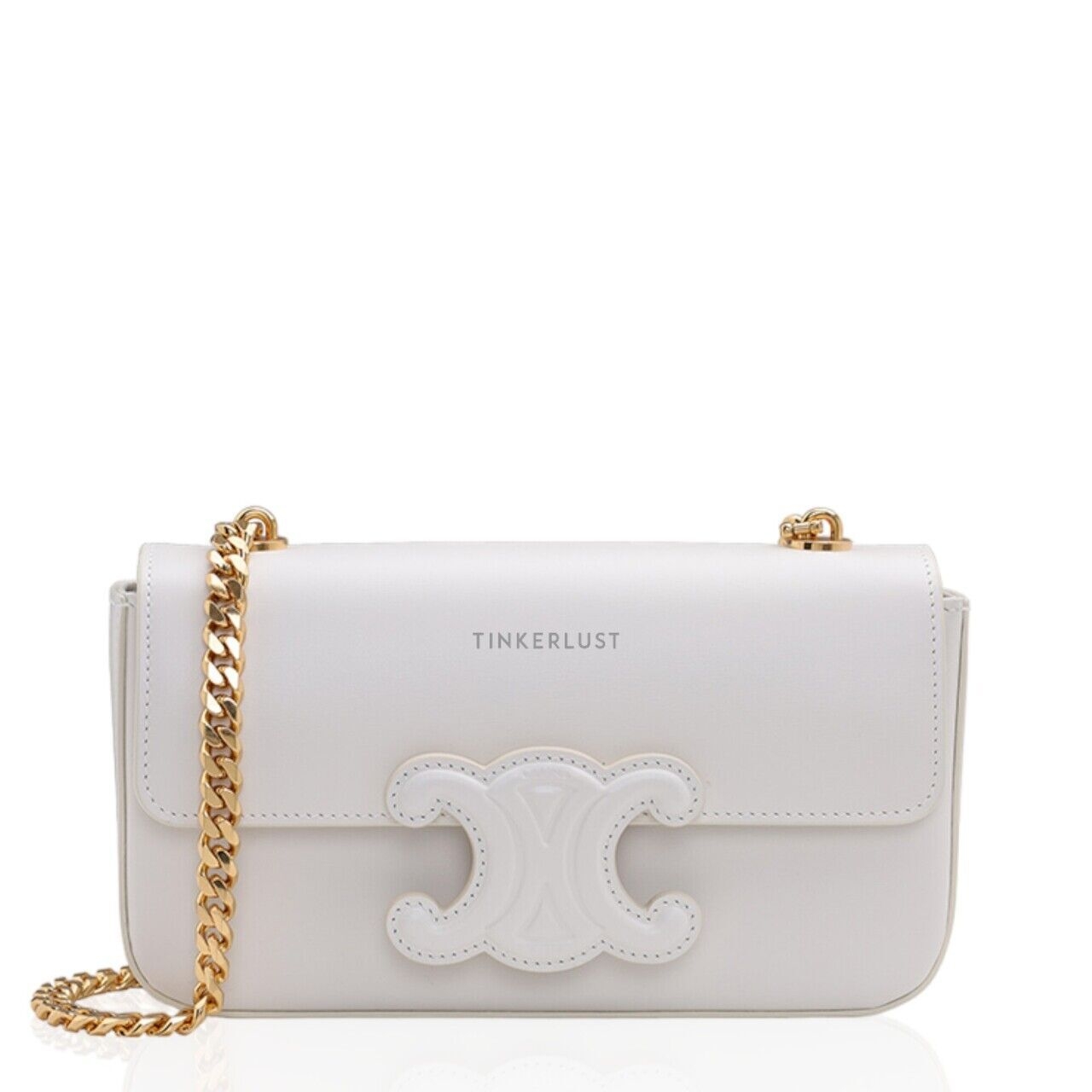 Celine Cuir Triomphe Flap Chain White Shiny Calfskin Shoulder Bag