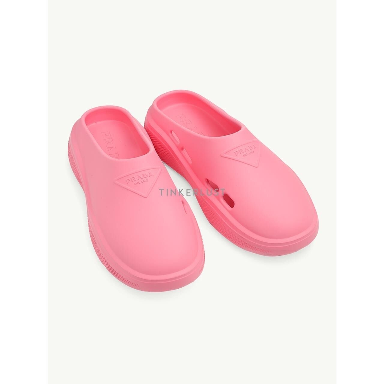 Prada Women Embossed Triangle Logo Foam Rubber Mules in Begonia Pink Flats