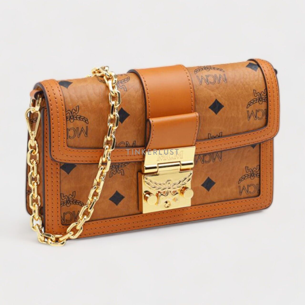 MCM Mini Tracy Chain Crossbody Bag in Cognac Visetos x Vachetta Leather