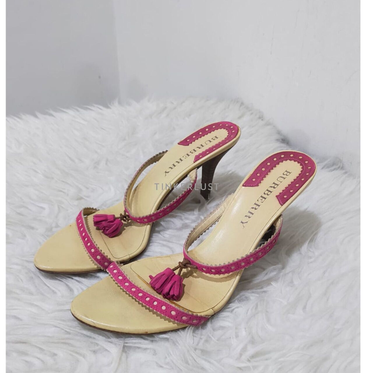 Burberry Fuchsia Suede Pom Tassel Open-Toe Heels