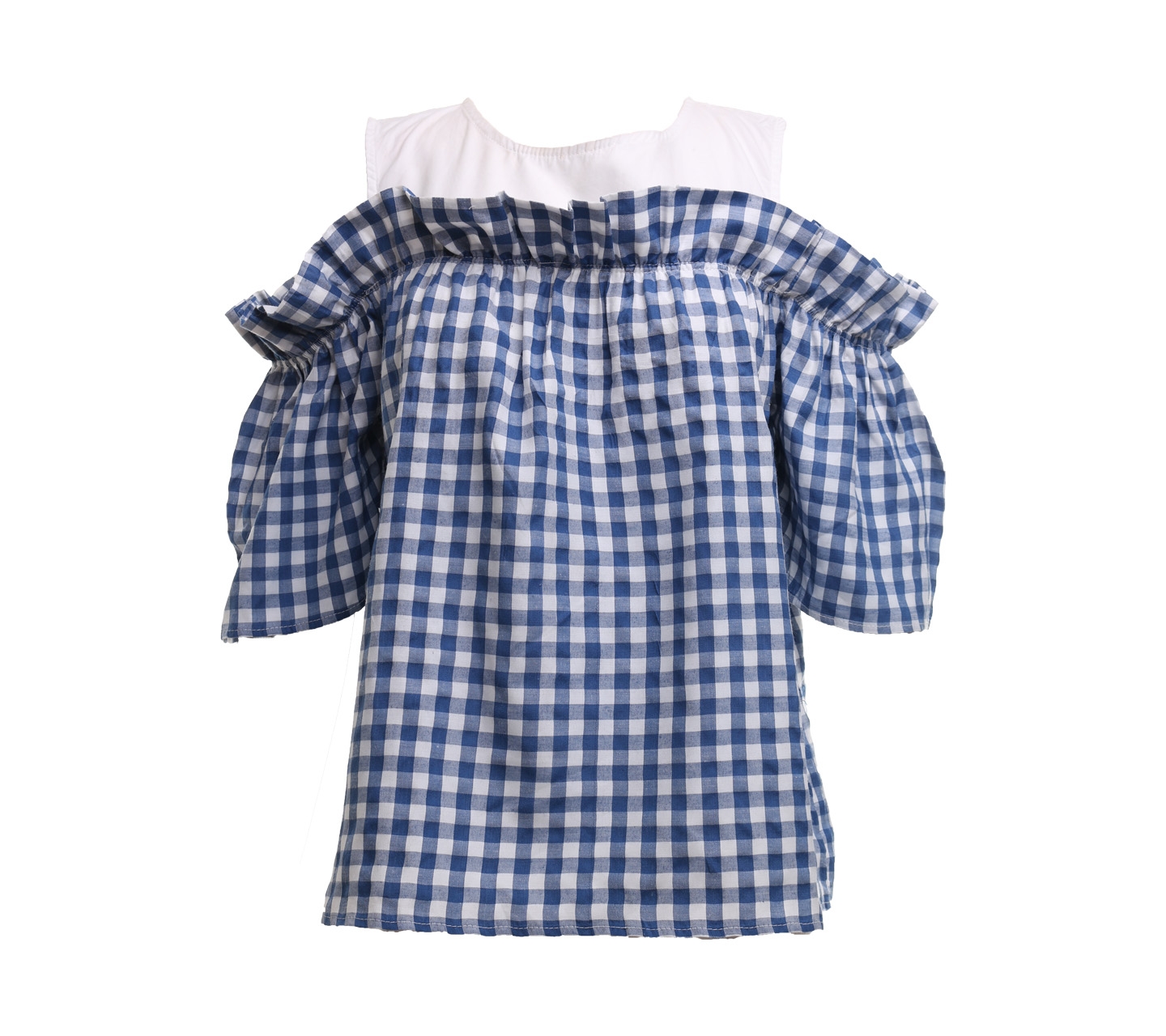 Cotton Ink White And Blue Cold Shoulder Plaid Blouse