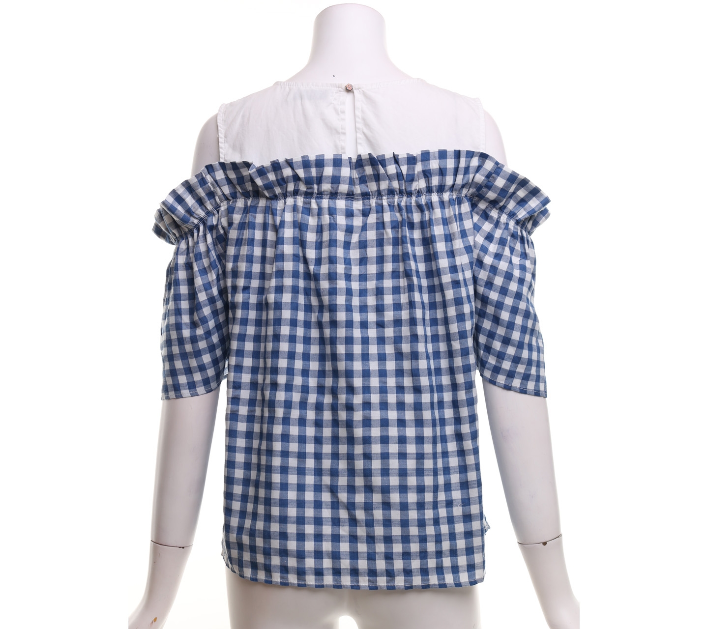 Cotton Ink White And Blue Cold Shoulder Plaid Blouse