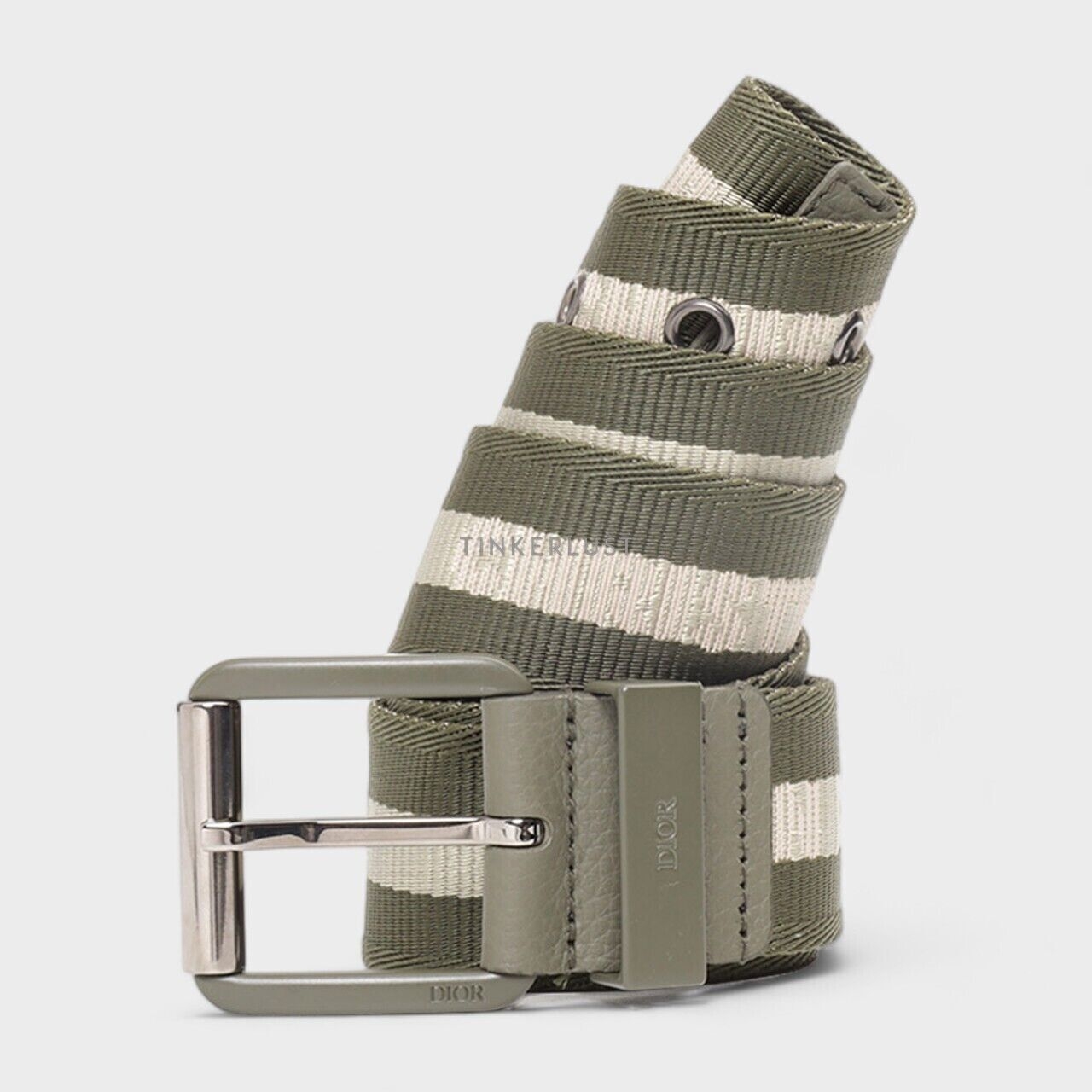 Christian Dior Square Buckle Belt 35mm in Olive/Beige Nylon Jacquard with Matte Olive Buckle