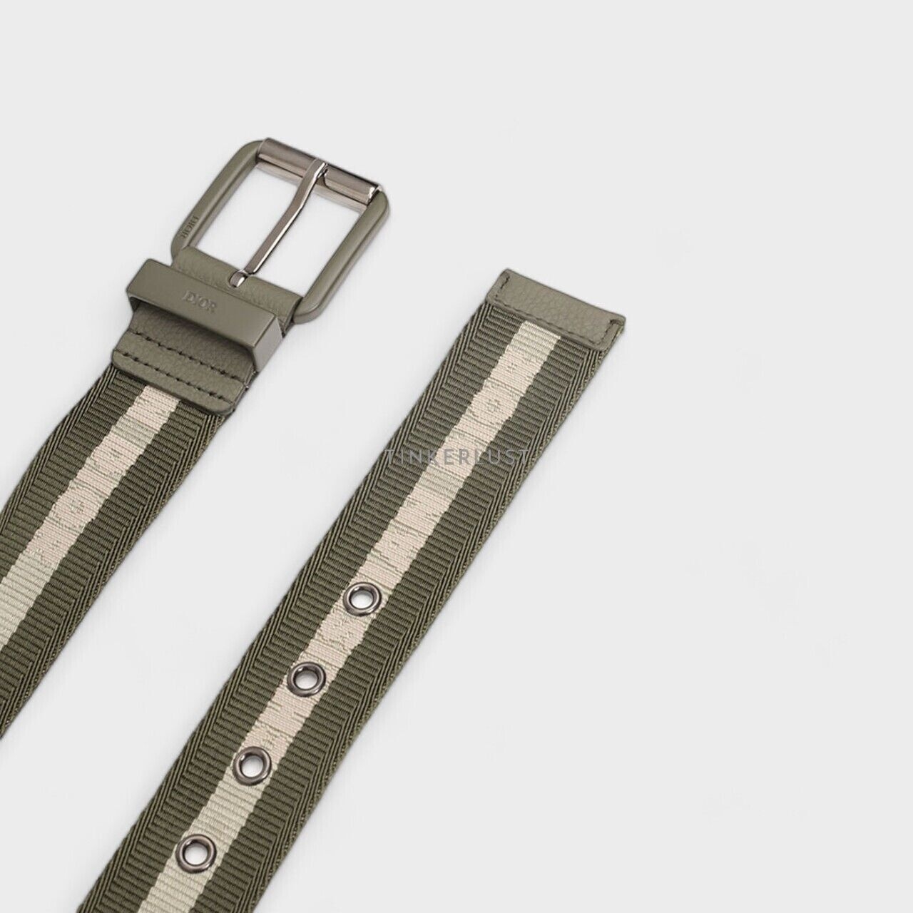 Christian Dior Square Buckle Belt 35mm in Olive/Beige Nylon Jacquard with Matte Olive Buckle