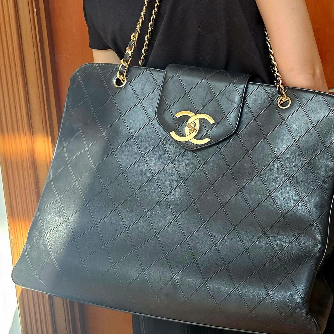 Chanel Vintage Black Quilted GHW Supermodel Tote Bag