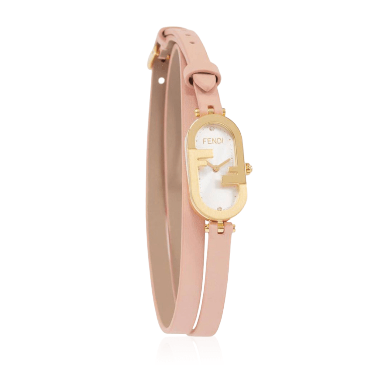 Fendi O Lock Vertical Watch Gold with 3 in set Diamond in Pink Leather Strap