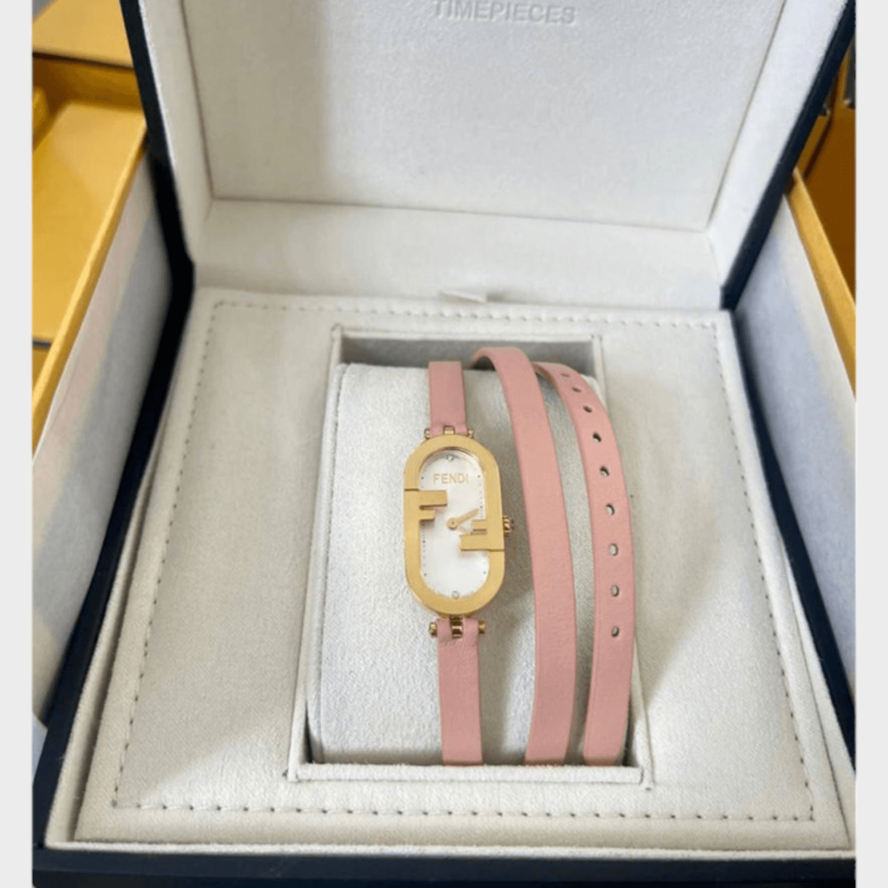 Fendi O Lock Vertical Watch Gold with 3 in set Diamond in Pink Leather Strap