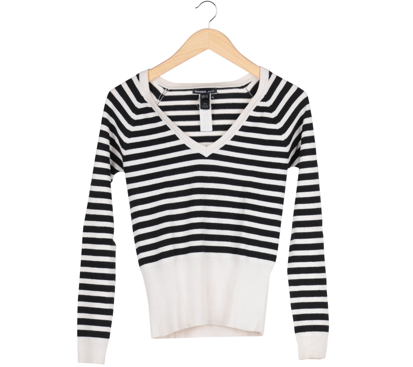 Mango Black And White Striped V-Neck Sweater